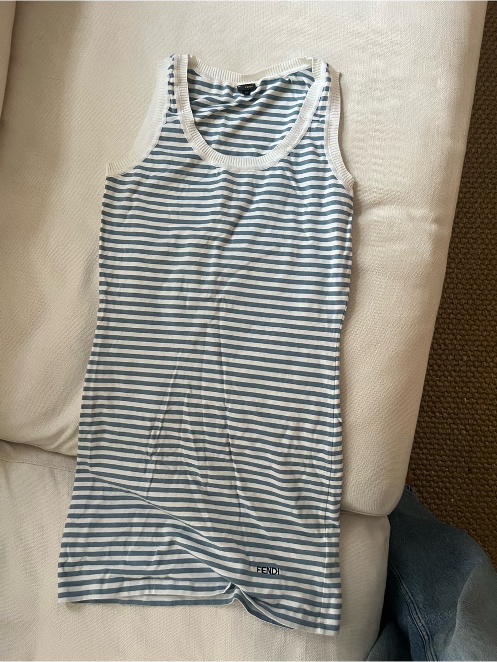 Fendi Scoop Neck White & Light Blue Striped Tank Mini Dress